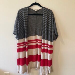 Ann Taylor LOFT Black White Red Striped Short Sleeve Linen lightweight Duster XL
